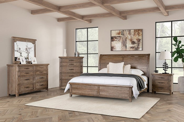 FM7431BR-4PC 4 pc Merthyr antique oak finish wood curved headboard panel queen bedroom set