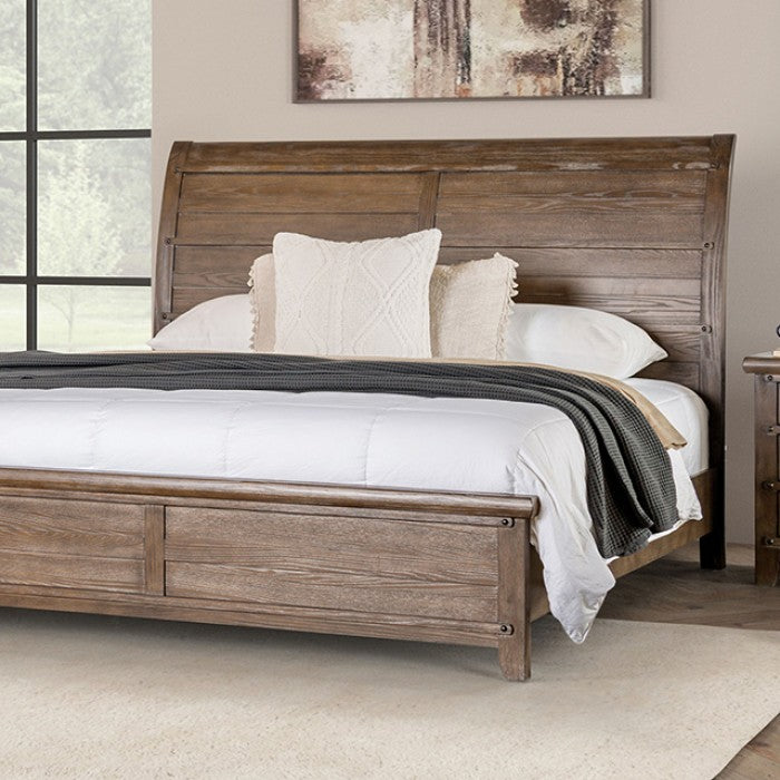 FM7431BR-4PC 4 pc Merthyr antique oak finish wood curved headboard panel queen bedroom set