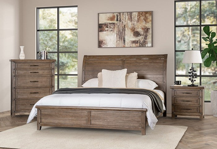 FM7431BR-4PC 4 pc Merthyr antique oak finish wood curved headboard panel queen bedroom set