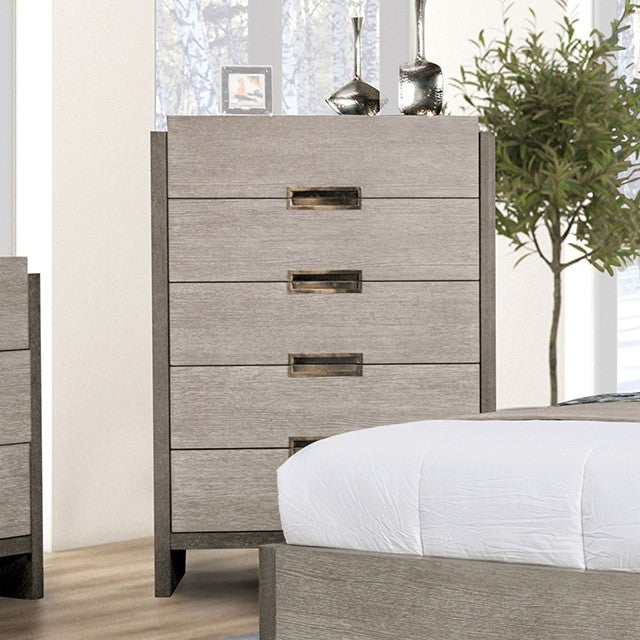 FM7597GY-C  Grimsby two tone stone grey finish wood insert metal handles 5 drawer tall chest