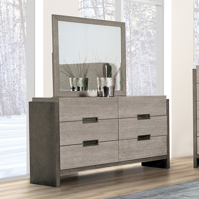 FM7597GY-D  Grimsby two tone stone grey finish wood insert metal handles 6 drawer dresser