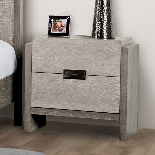 FM7597GY-N  Grimsby two tone stone grey finish wood insert metal handles 2 drawer nightstand