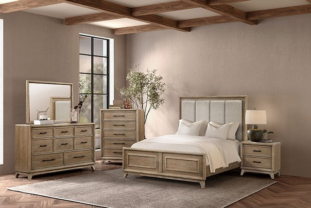 FM7600AK-4PC 4 pc Midhurst natural light oak finish wood fabric tufted headboard queen bedroom set