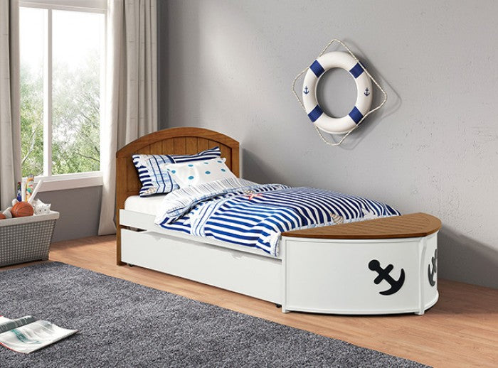 FM7629AK-TR452  Poseidon oak and white finish wood twin nautical themed boat bed with trundle and front storage