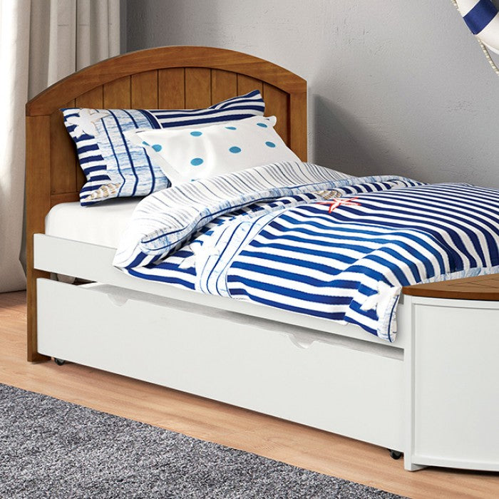 FM7629AK-TR452  Poseidon oak and white finish wood twin nautical themed boat bed with trundle and front storage
