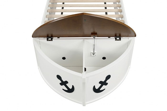 FM7629AK-TR452  Poseidon oak and white finish wood twin nautical themed boat bed with trundle and front storage