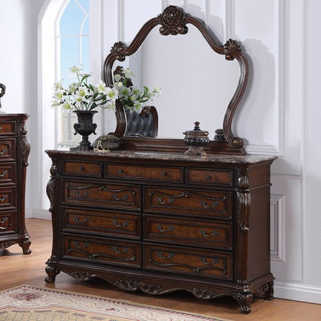 FM7637CH Cremona Dark Cherry Wood Ornate Carved Tufted Faux Leather Finial Poster Queen Bed