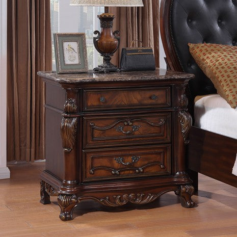 FM7637CH Cremona Dark Cherry Wood Ornate Carved Tufted Faux Leather Finial Poster Queen Bed