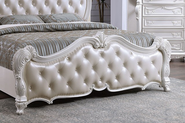 FM7635WH-4PC 4 pc Ventresca white finish wood ornate carved tufted faux leather headboard queen bedroom set