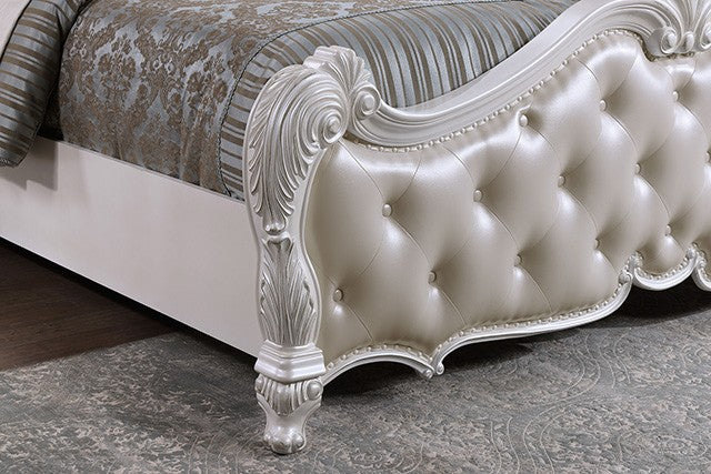 FM7635WH-4PC 4 pc Ventresca white finish wood ornate carved tufted faux leather headboard queen bedroom set