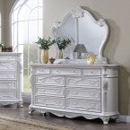 FM7637WH-4PC 4 pc Cremona white finish wood ornate carved tufted faux leather finial poster headboard queen bedroom set