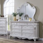 FM7637WH-4PC 4 pc Cremona white finish wood ornate carved tufted faux leather finial poster headboard queen bedroom set