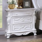 FM7637WH-4PC 4 pc Cremona white finish wood ornate carved tufted faux leather finial poster headboard queen bedroom set