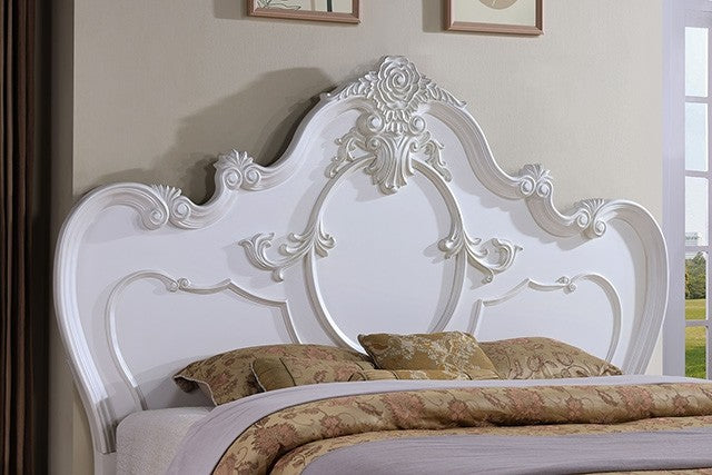 FM7636WH Roselli white finish wood ornate carved headboard queen bed