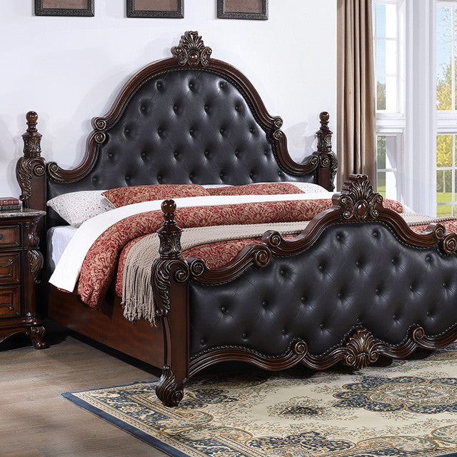 FM7637CH Cremona Dark Cherry Wood Ornate Carved Tufted Faux Leather Finial Poster Queen Bed