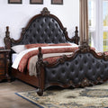 FM7637CH Cremona Dark Cherry Wood Ornate Carved Tufted Faux Leather Finial Poster Queen Bed