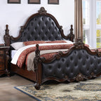 FM7637CH Cremona Dark Cherry Wood Ornate Carved Tufted Faux Leather Finial Poster Queen Bed