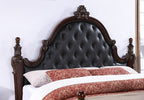 FM7637CH Cremona Dark Cherry Wood Ornate Carved Tufted Faux Leather Finial Poster Queen Bed