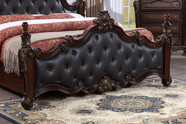 FM7637CH Cremona Dark Cherry Wood Ornate Carved Tufted Faux Leather Finial Poster Queen Bed
