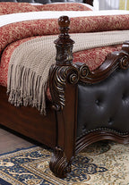 FM7637CH Cremona Dark Cherry Wood Ornate Carved Tufted Faux Leather Finial Poster Queen Bed