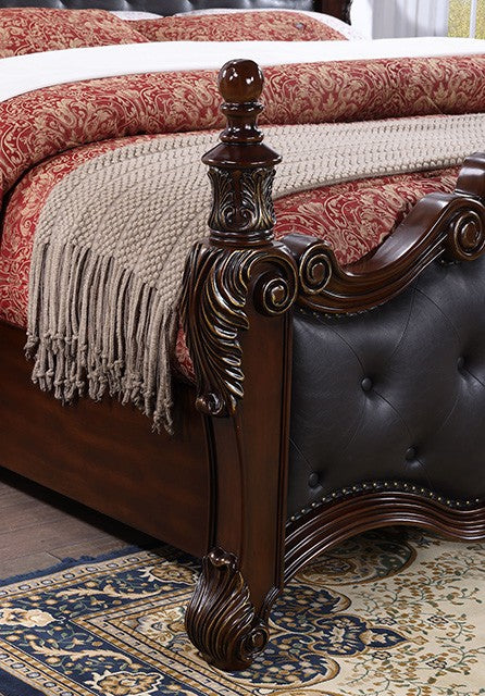 FM7637CH Cremona Dark Cherry Wood Ornate Carved Tufted Faux Leather Finial Poster Queen Bed