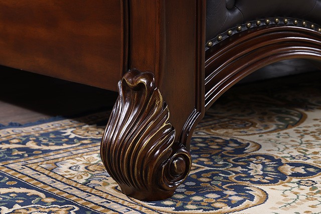 FM7637CH Cremona Dark Cherry Wood Ornate Carved Tufted Faux Leather Finial Poster Queen Bed
