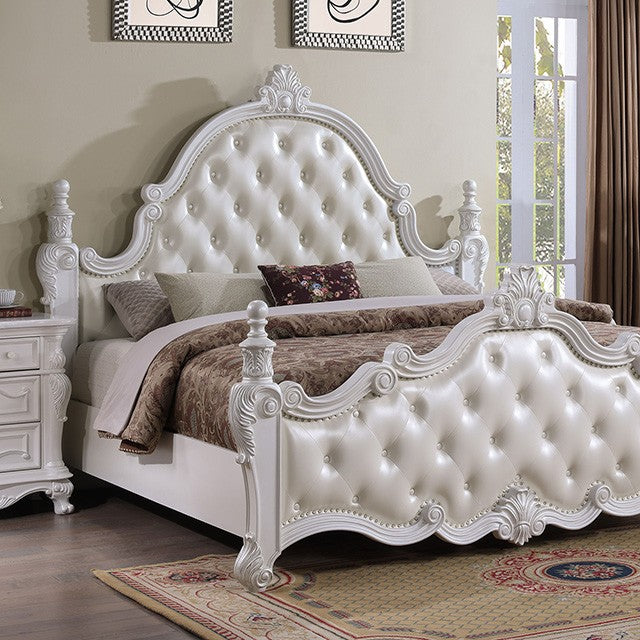 FM7637WH  Cremona white finish wood ornate carved tufted faux leather finial poster headboard queen bed