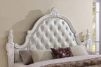 FM7637WH-4PC 4 pc Cremona white finish wood ornate carved tufted faux leather finial poster headboard queen bedroom set
