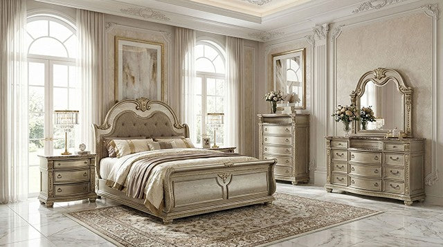 FM7670GD-4PC 4 pc Fromberg gold champagne finish wood faux leather tufted queen sleigh bedroom set