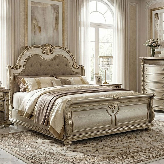 FM7670GD-4PC 4 pc Fromberg gold champagne finish wood faux leather tufted queen sleigh bedroom set