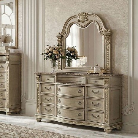 Fromberg Gold Champagne Faux Leather Tufted Queen Sleigh Bedroom Set – FM7670GD-4PC