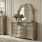 Fromberg Gold Champagne Faux Leather Tufted Queen Sleigh Bedroom Set – FM7670GD-4PC