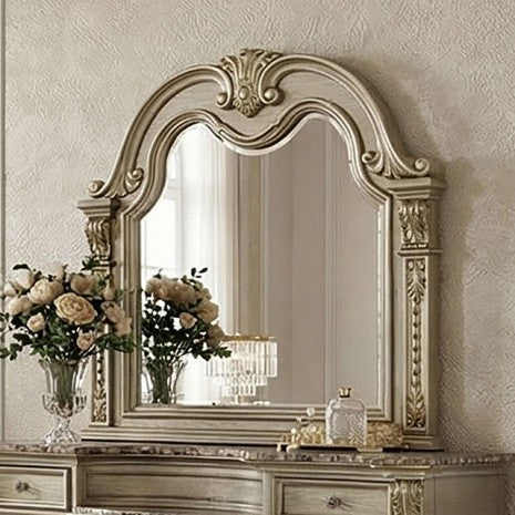 FM7670GD-4PC 4 pc Fromberg gold champagne finish wood faux leather tufted queen sleigh bedroom set