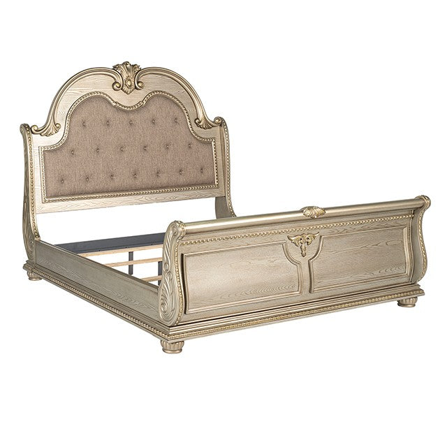 FM7670GD-4PC 4 pc Fromberg gold champagne finish wood faux leather tufted queen sleigh bedroom set