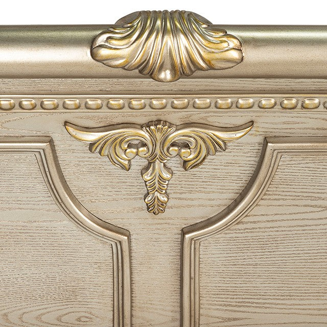 FM7670GD-4PC 4 pc Fromberg gold champagne finish wood faux leather tufted queen sleigh bedroom set