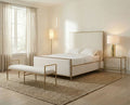FM77000GD Valda matte gold finish metal frame fabric upholstered queen bed