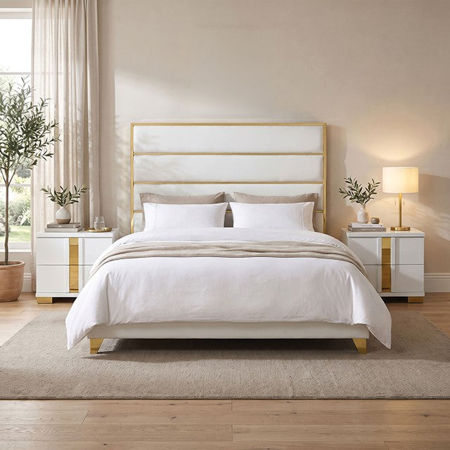 Andriola Gold/White Tufted Fabric Upholstered Queen Bed – FM77005GDWH