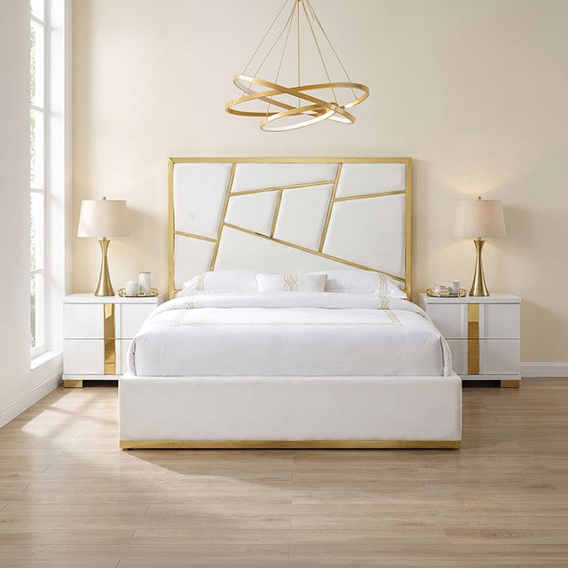 Bertoni Gold/White Geometric Tufted Fabric Upholstered Queen Bed – FM77007GDWH
