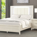 FM7700WH-4PC  4 pc Isadora antique white finish wood channel tufted fabric led lighting trim queen bed set