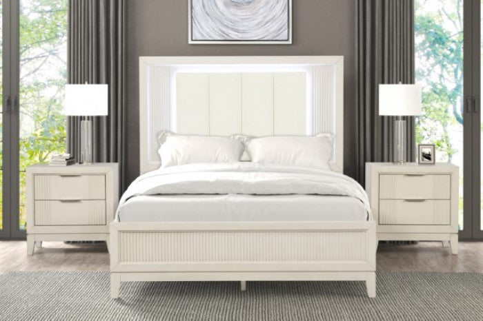 FM7700WH-4PC  4 pc Isadora antique white finish wood channel tufted fabric led lighting trim queen bed set