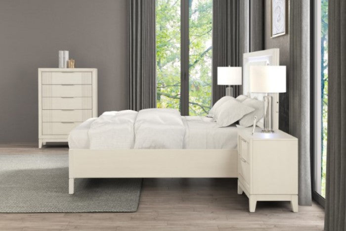 FM7700WH-4PC  4 pc Isadora antique white finish wood channel tufted fabric led lighting trim queen bed set