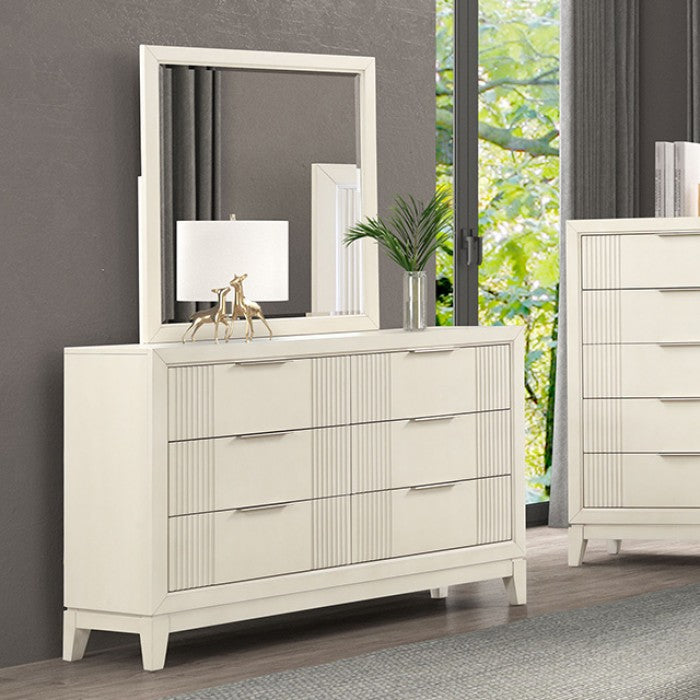 FM7700WH-4PC  4 pc Isadora antique white finish wood channel tufted fabric led lighting trim queen bed set