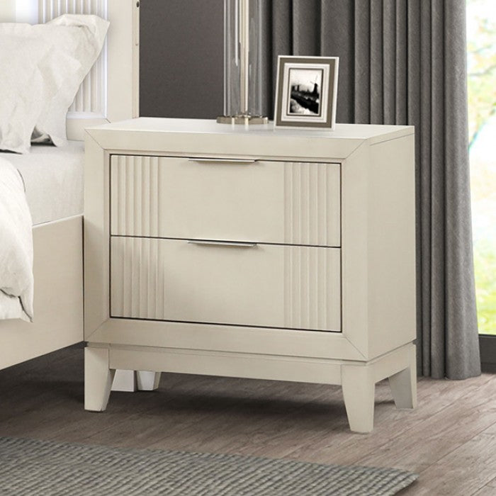 FM7700WH-4PC  4 pc Isadora antique white finish wood channel tufted fabric led lighting trim queen bed set