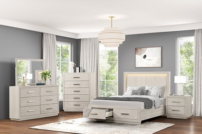 FM7703AK-4PC 4 pc Wellingborough light grey finish wood paneled look LED queen bedroom set