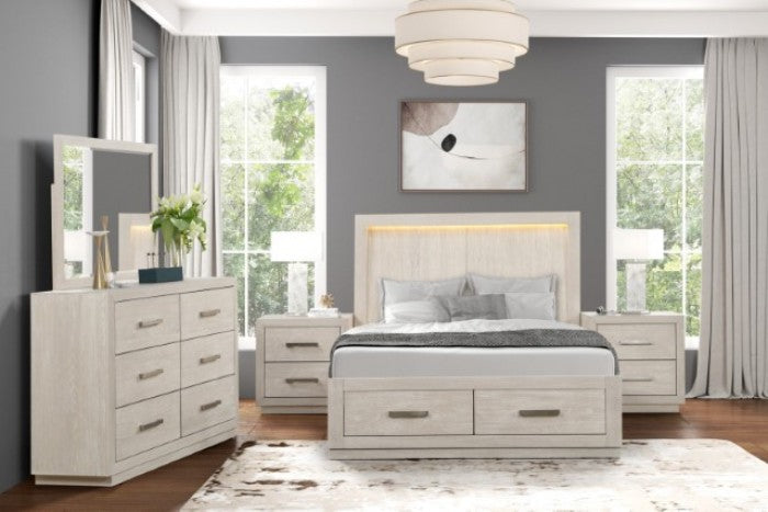 FM7703AK-4PC 4 pc Wellingborough light grey finish wood paneled look LED queen bedroom set