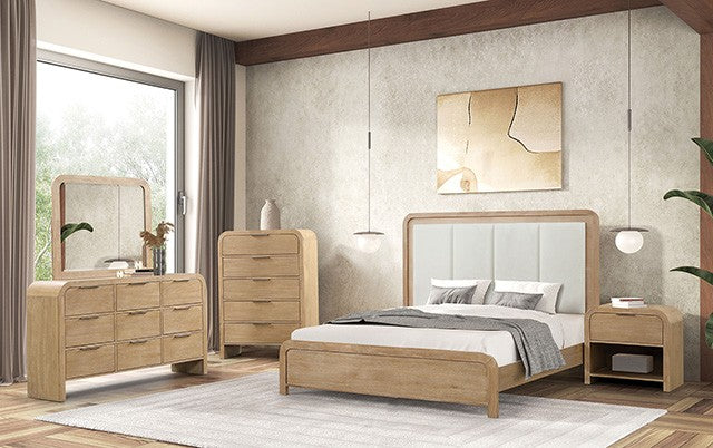 FM7705NT-4PC  4 pc Handforth natural finish wood channel tufted fabric headboard trim queen bed set