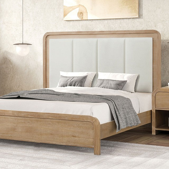 FM7705NT-4PC  4 pc Handforth natural finish wood channel tufted fabric headboard trim queen bed set
