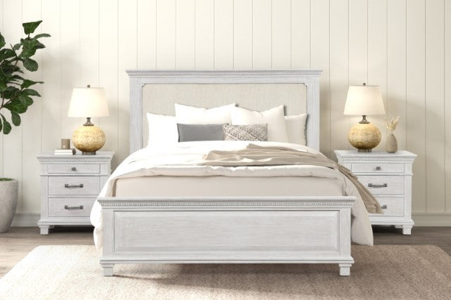 FM7707GY-4PC 4 pc Swanley weathered grey finish wood queen fabric paneled headboard bedroom set