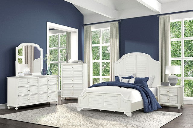 FM7708WH-4PC 4 pc Whitehaven antique white finish wood coastal style louvered queen bedroom set