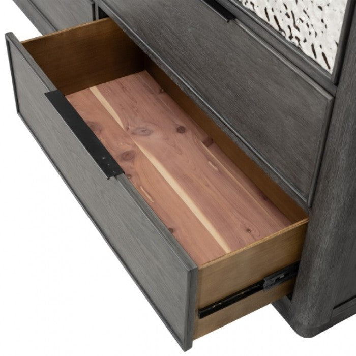 FM79001ES-4PC 4 pc Sterling west ash grey finish wood stainless steel panels queen bedroom set USB plugs